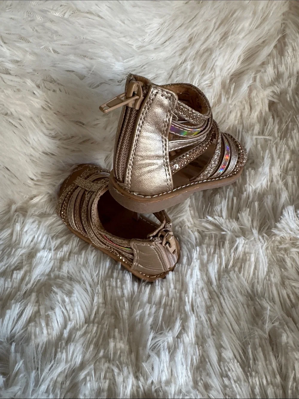Girls Rose Gold Glitter Strappy Sandals with Iridescent Accents